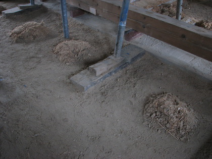 Holzreste mit dem Rechen in kleine Haufen geformt