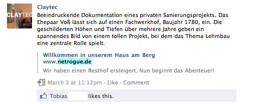 Screenshot-Auszug der Facebook-Seite von Claytec auf der wir auftauchen